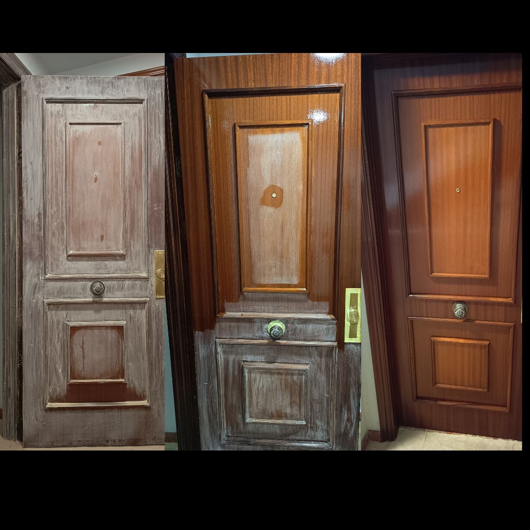 proceso de lijado, y acabado en porton de madera